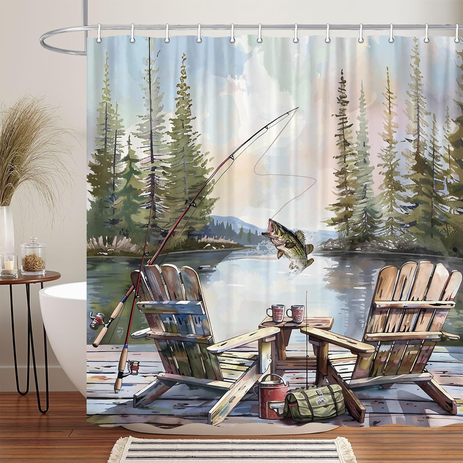 Hunting And Camping In Forest - Cortina de Ducha Rústica con Diseño
